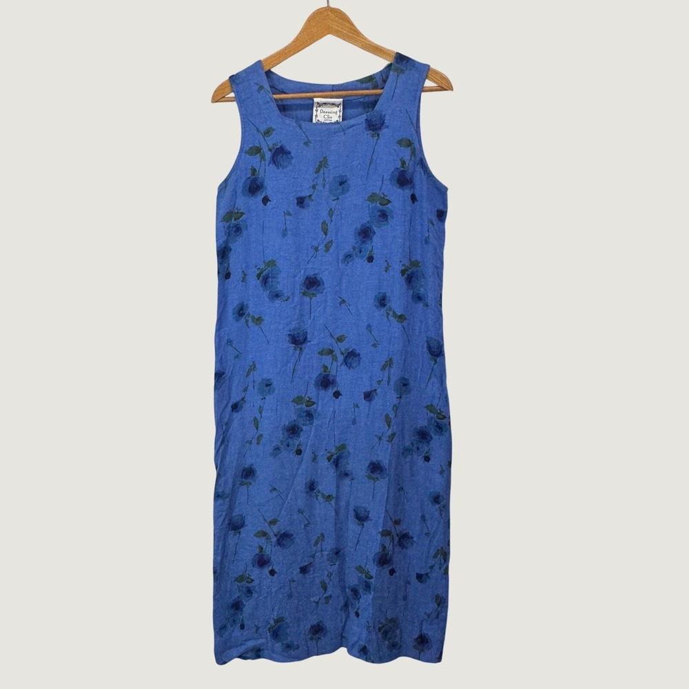Dressing‎ Clio Floral Linen Midi Dress Petites Blue Rose Cottagecore Vintage